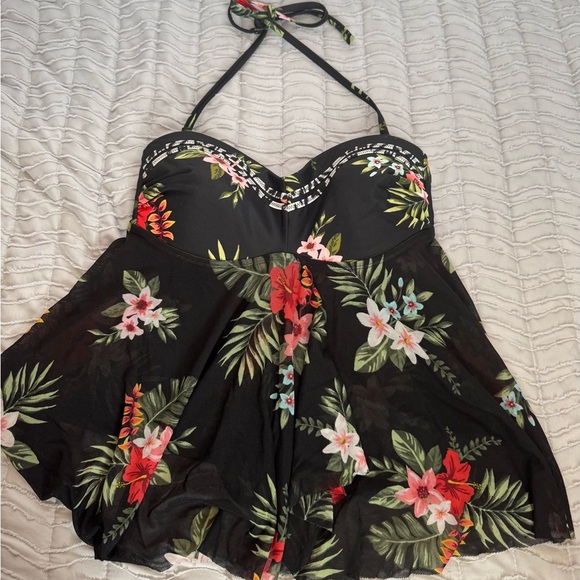 Kona Sol Black Floral Mesh Strapless Tankini Swim Top size Small - Picture 2 of 9